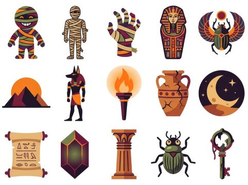 Set of ancient egyptian icons featuring mummies, pyramids, pharaoh sarcophagus, scarab beetle, anubis, hieroglyphic papyrus, and historical artifacts in a flat vector illustration style