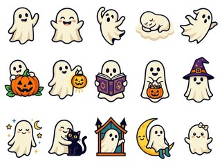Obraz premium Set of cute cartoon ghost characters for halloween, funny spirits in various poses and activities, vector illustration isolated on white background