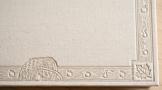 Thanksgiving white background border featuring embossed bookbinding linen fabric and carved wood fruit motifs for publishing stationery design