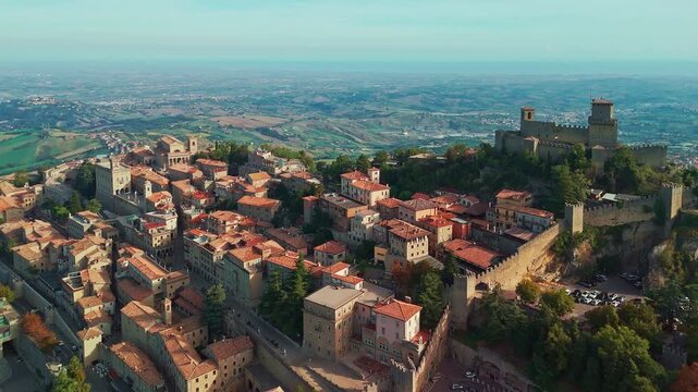 Aerial view of San Marino old town at sunny summer day