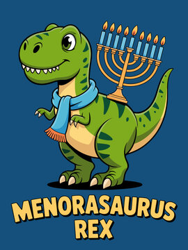Menorasaurus rex Hanukkah T-Rex dinosaur with menorah and scarf