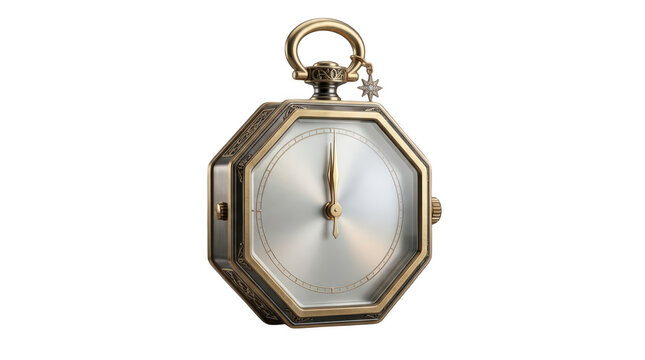 Vintage golden octagonal pocket watch with detailed engravings and silver dial isolated on white background transparent background