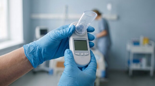 Close-up shot of a practitioner wearing blue nitrile gloves holding a digital peak flow meter spirometer used for testing lung function and respiratory health.