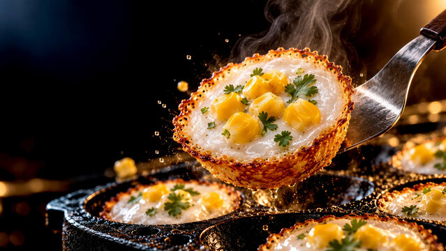 Crispy Thai Kanom Krok Lifted with a Spatula, Hot Coconut Cream and Sweet Corn