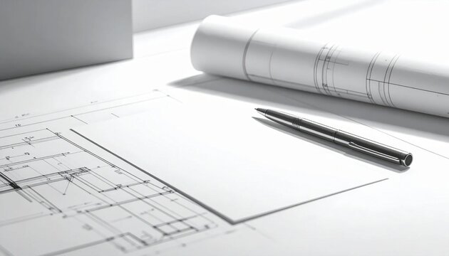 Architectural blueprints and rolled plans with a pen on desk for building construction, engineering projects