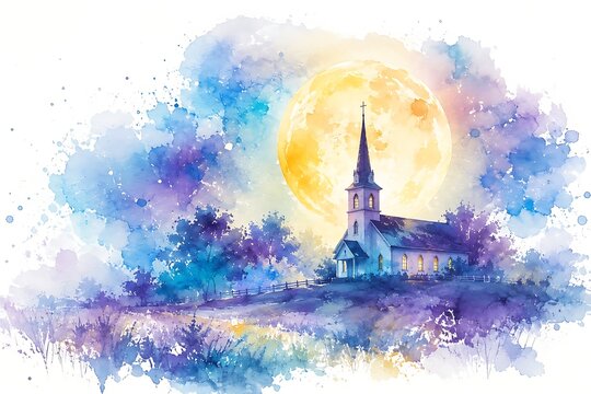 Moon rising behind country church, watercolor illustration