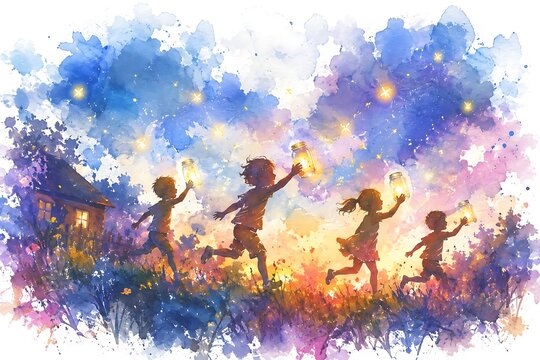 Children catching fireflies at dusk, watercolor illustration