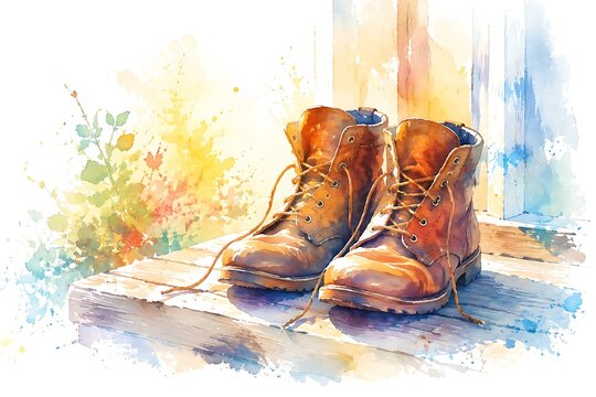 Worn work boots on doorstep, watercolor illustration