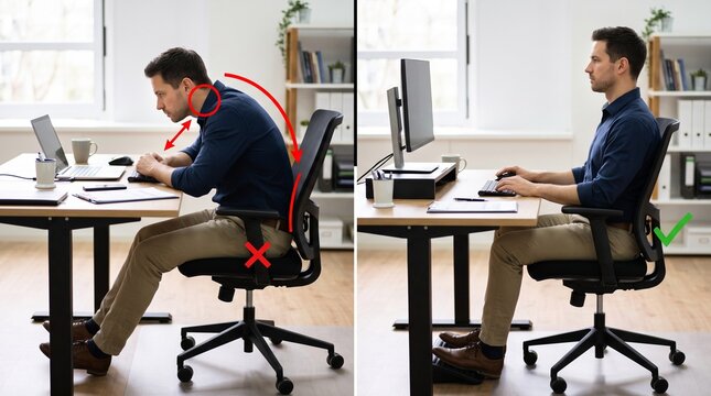 Person comparing correct and incorrect desk posture while working at office desk with computer with demonstrates proper improper computer keyboard improper seating