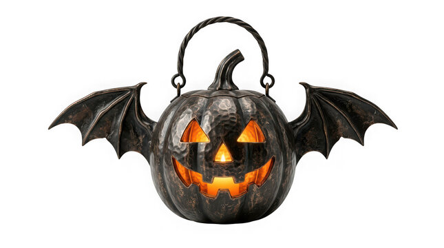 Decorative metal batwinged pumpkin lantern with glowing candle isolated on transparent background