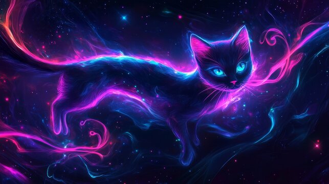 Neon glowing cat in cosmic space with vibrant lights and fluorescent trails