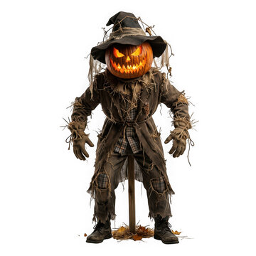 Scary halloween scarecrow with a glowing jackolantern head isolated on transparent background