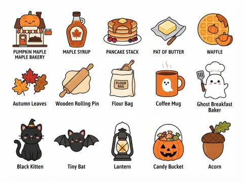Set of cute autumn and halloween themed icons featuring a bakery, maple syrup, pancakes, waffle, leaves, rolling pin, flour, ghost baker, black kitten, bat, lantern, candy bucket, and acorn