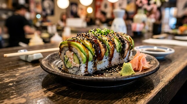 Delicious Dragon Roll Sushi with Avocado and Eel Sauce at Japanese Restaurant Bar