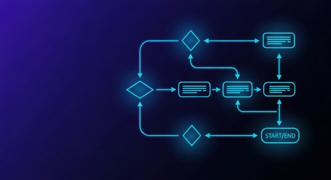 Abstract digital flowchart representing an automated workflow with interconnected nodes and decision points