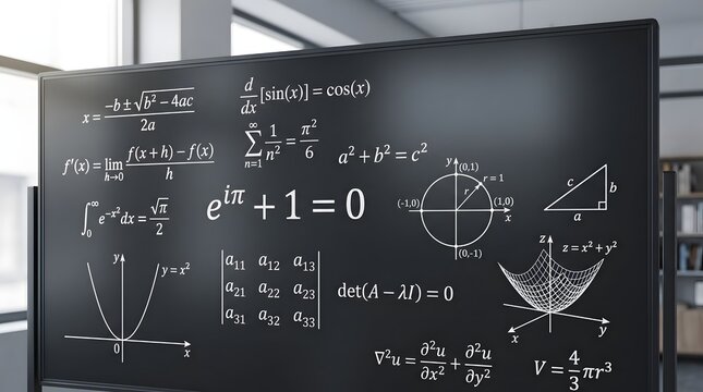 Blackboard filled with complex mathematical formulas and geometric diagrams