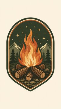 Vintage-style campfire emblem with roaring flames, stacked logs, pine trees, mountains and a starlit night sky