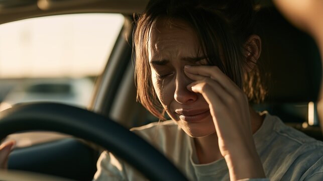 A distressed woman crying behind the steering wheel, representing car accident