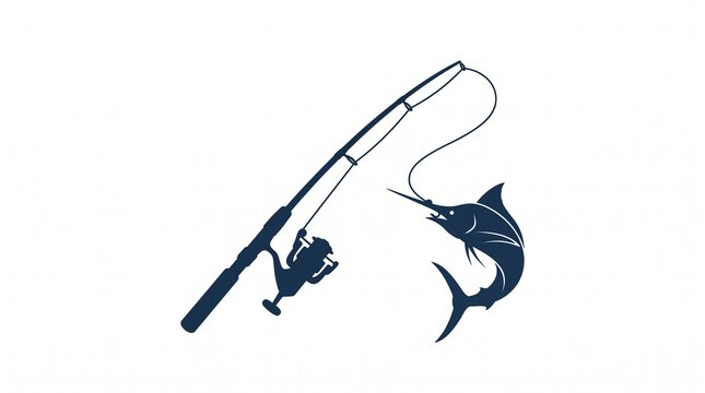 Minimal fishing rod and marlin silhouette illustration isolated on white, clean sport fishing symbol for logo, badge, tackle shop and outdoor branding.