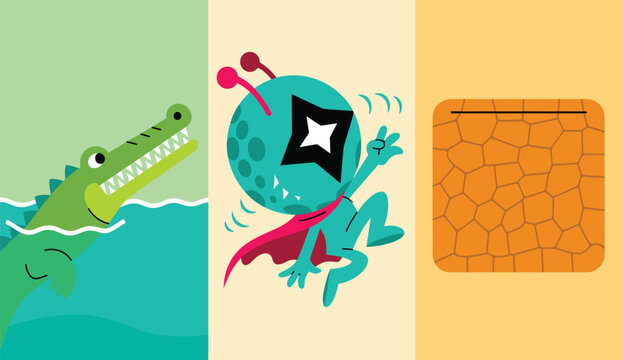 Flat cartoon vector illustration collection featuring a smiling green crocodile in water a quirky alien 