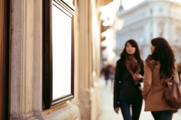 Fototapeta premium Blank signboard on building facade with blurred women walking outdoors
