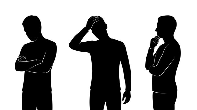 Minimalist black vector illustration showing three male silhouettes expressing different thoughtful and stressed human body poses