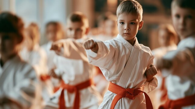 Young karate fighters, school-age children practising karate together