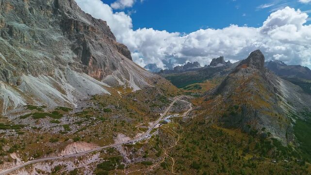 Aerial view of Passo di Falzarego landscape in Italian Dolomites