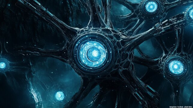 Futuristic alien technology network with glowing blue energy nodes