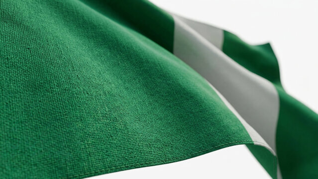 Close up of Nigerian Flag with detailed fabric texture waving against white background Nigerian national symbol for patriotism and african heritage