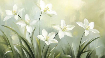Fototapeta premium Elegant white lilies in bloom against soft green background
