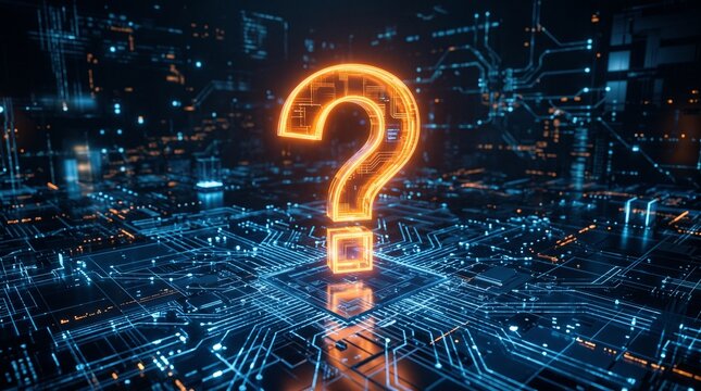 Glowing orange question mark standing on a futuristic circuit board, high-tech illustration for IT troubleshooting, uncertainty, AI questions and digital problem solving.