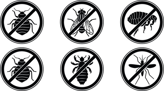 Set of six pest control icons with prohibition signs against bed bugs, flies, fleas, lice, and mosquitoes