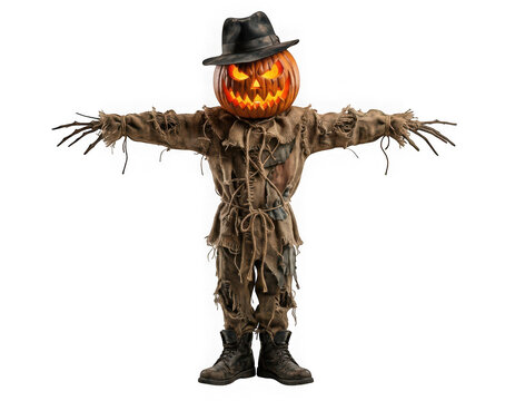 Scary scarecrow figure with a glowing jackolantern head wearing a hat and tattered clothes isolated on transparent background
