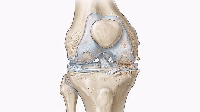 Human knee joint anatomy showing bones, cartilage, ligaments, and internal structures, isolated on white background for medical illustration