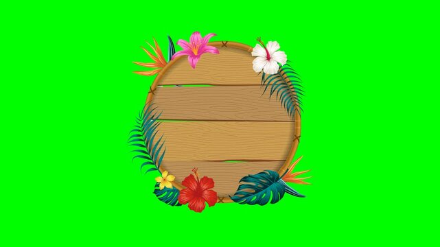 Round wooden bamboo board frame decorated with tropical flowers and leaves animation on a green screen background.