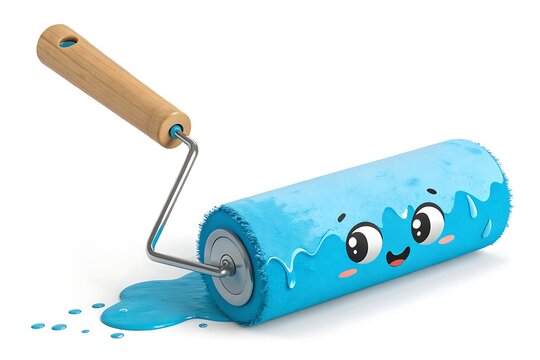 Cartoon paint roller with happy face and wooden handle