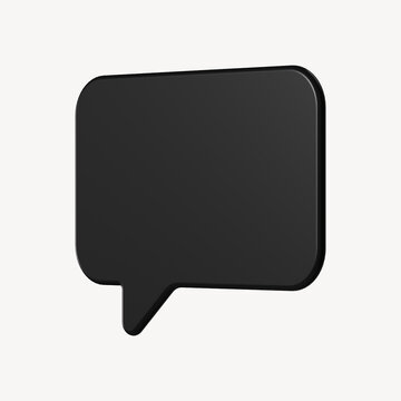 3D black speech bubble icon on a white background, minimal design.
