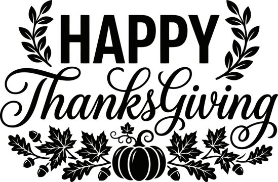 Black Happy Thanksgiving typography, autumn pumpkin graphic design, seasonal holiday greeting card, harvest celebration banner.