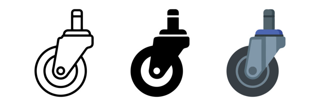 Set of three caster wheel icons in outline and solid styles.