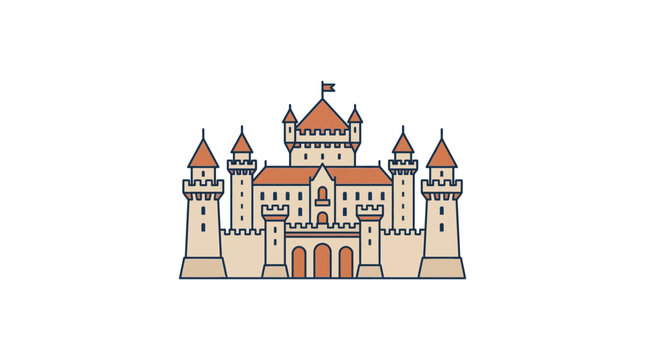 A cartoon castle with towers and turrets.