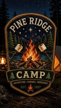 Embroidered Pine Ridge Camp patch featuring a roaring campfire, toasted marshmallows, pine trees, tent and starry night over a lake-retro outdoor camping badge