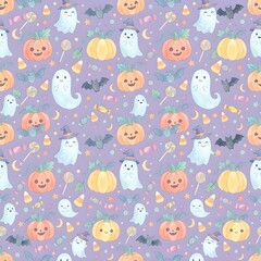 Obraz premium Cute Halloween seamless pattern, pastel background, spooky pumpkins, friendly ghosts, bats, candy, watercolor style, high resolution, flat design, seamless texture, commercial vector aesthetic