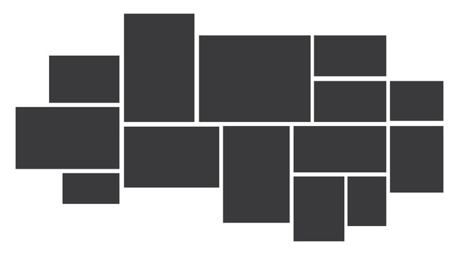 14 Image Photo Collage, 5 Empty geometric photo collage grid rectangle template shape. Modern tiles pattern mosaic for portfolio presentation. Background and photo album for wall mood board.