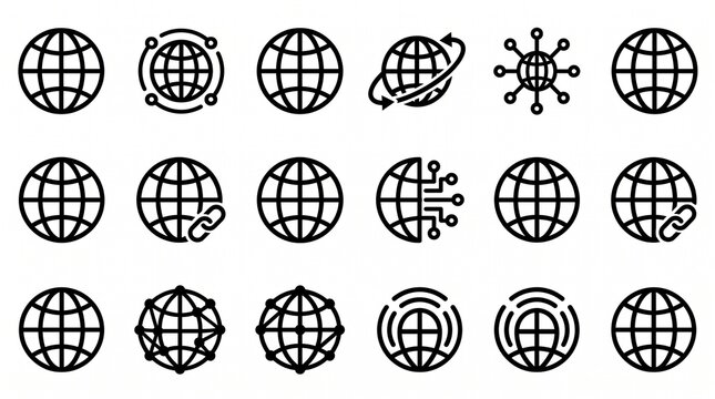 Black globe and global network icon collection on white, clean technology symbol set for internet, web, connectivity, apps, infographics and digital business design.