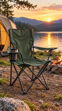 Green folding camping chair by a lakeside campfire at sunset with a tent, mountains and pine trees in the background