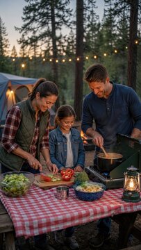 Family camping evening preparing a meal together at a forest campsite with tent, camp stove, lantern and string lights