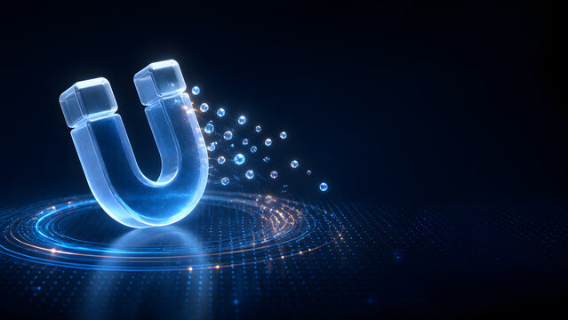 Glowing blue magnet symbol representing attraction customer engagement marketing pull force business strategy digital technology