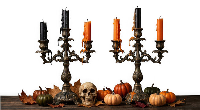 Vintage bronze candelabras with melting candles, human skull, and mini pumpkins isolated on transparent background
