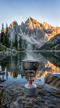 Portable camping stove with boiling pot on a rock by an alpine lake, sunlit mountain peaks and pine trees reflected in calm water